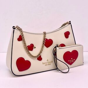 Kate Spade White and Red Heart Shoulder Crossbody Bag and wallet Set
